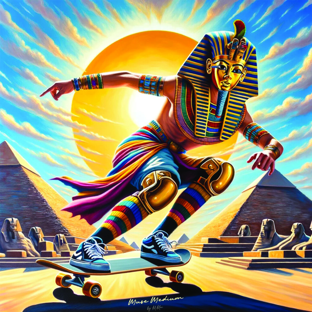 A golden Egyptian pharaoh wearing sneakers and knee pads while riding a skateboard in the desert in front of pyramids, representing skateboarding pharaoh wall art.
